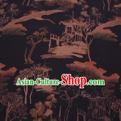 Chinese Cheongsam Classical Crane Pavilion Pattern Design Black Watered Gauze Fabric Asian Traditional Silk Material