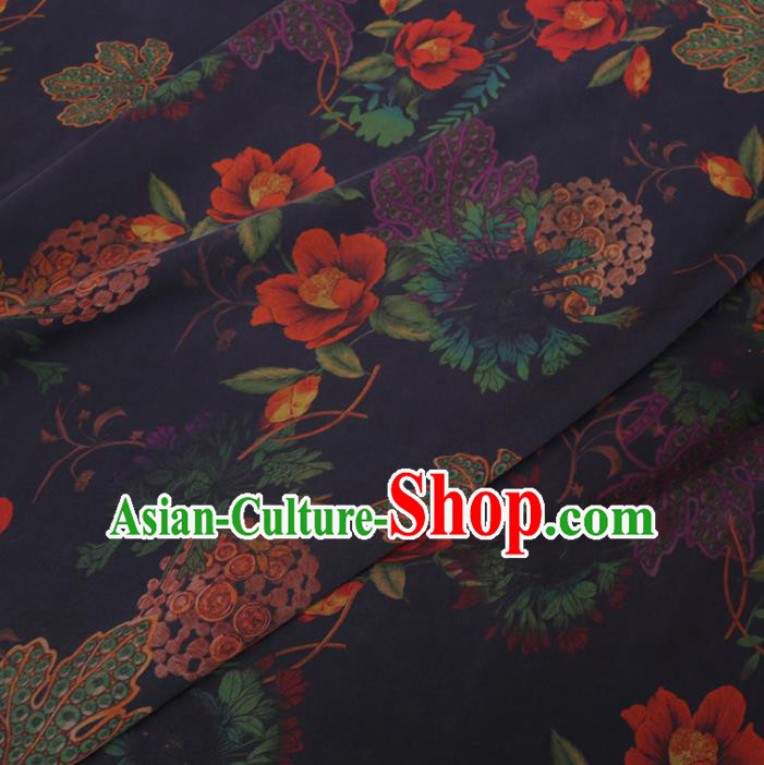 Chinese Cheongsam Classical Flowers Pattern Design Navy Watered Gauze Fabric Asian Traditional Silk Material Chinese Cheongsam Classical Flowers Pattern Design Navy Watered Gauze Fabric Asian Traditional Silk Material