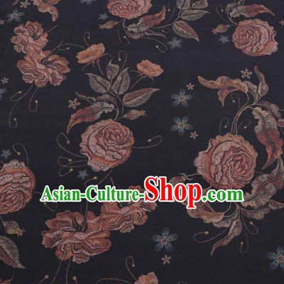 Chinese Cheongsam Classical Rose Flowers Pattern Design Black Watered Gauze Fabric Asian Traditional Silk Material