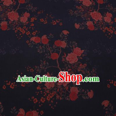 Chinese Cheongsam Classical Roses Pattern Design Navy Blue Watered Gauze Fabric Asian Traditional Silk Material