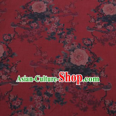 Chinese Cheongsam Classical Peony Plum Pattern Design Red Watered Gauze Fabric Asian Traditional Silk Material