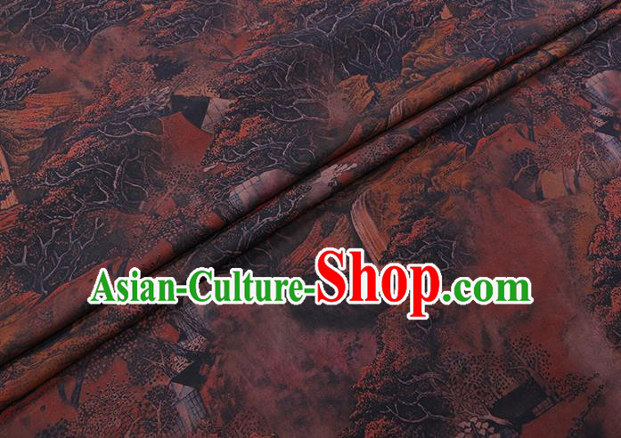 Chinese Cheongsam Classical Landscape Pattern Design Brown Watered Gauze Fabric Asian Traditional Silk Material Chinese Cheongsam Classical Landscape Pattern Design Brown Watered Gauze Fabric Asian Traditional Silk Material