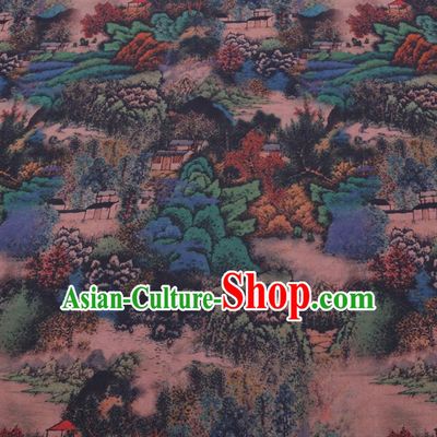 Chinese Cheongsam Classical Landscape Pattern Design Deep Blue Watered Gauze Fabric Asian Traditional Silk Material