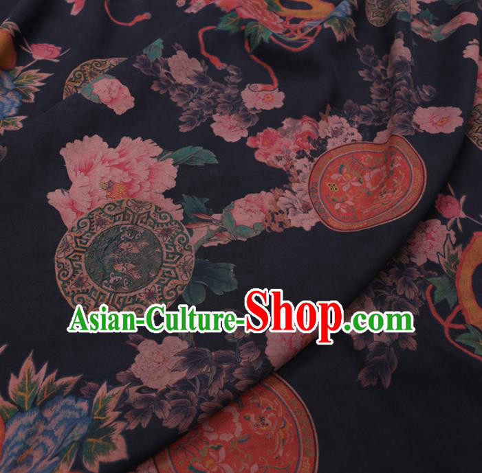 Chinese Cheongsam Classical Peony Pattern Design Black Watered Gauze Fabric Asian Traditional Silk Material Chinese Cheongsam Classical Peony Pattern Design Black Watered Gauze Fabric Asian Traditional Silk Material