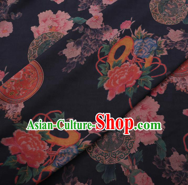 Chinese Cheongsam Classical Peony Pattern Design Black Watered Gauze Fabric Asian Traditional Silk Material Chinese Cheongsam Classical Peony Pattern Design Black Watered Gauze Fabric Asian Traditional Silk Material