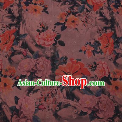 Chinese Cheongsam Classical Camellia Pattern Design Khaki Watered Gauze Fabric Asian Traditional Silk Material