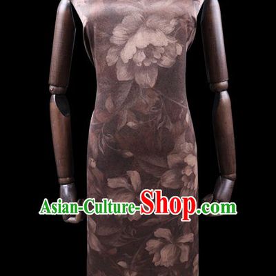 Chinese Cheongsam Classical Lotus Flowers Pattern Design Brown Watered Gauze Fabric Asian Traditional Silk Material