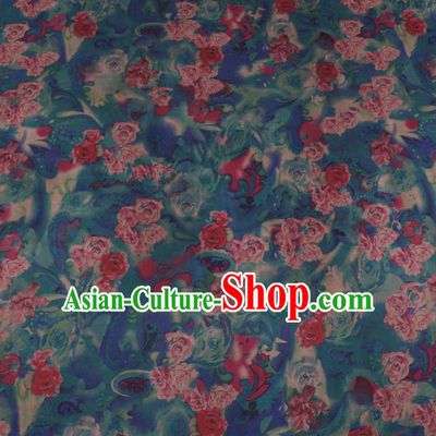 Chinese Cheongsam Classical Roses Pattern Design Blue Watered Gauze Fabric Asian Traditional Silk Material