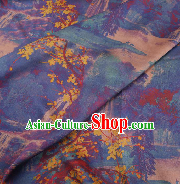 Chinese Cheongsam Classical Landscape Pattern Design Blue Watered Gauze Fabric Asian Traditional Silk Material Chinese Cheongsam Classical Landscape Pattern Design Blue Watered Gauze Fabric Asian Traditional Silk Material