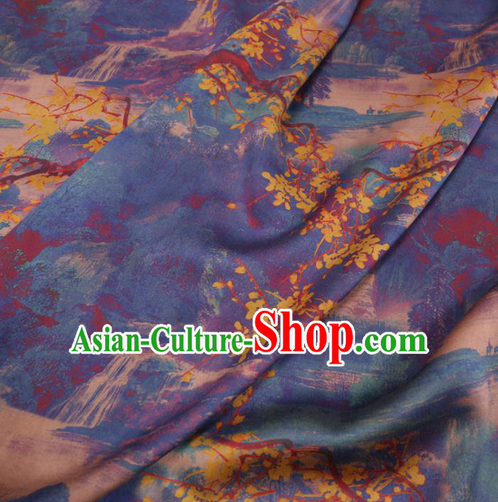 Chinese Cheongsam Classical Landscape Pattern Design Blue Watered Gauze Fabric Asian Traditional Silk Material Chinese Cheongsam Classical Landscape Pattern Design Blue Watered Gauze Fabric Asian Traditional Silk Material