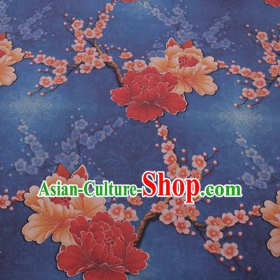 Chinese Cheongsam Classical Peony Plum Pattern Design Blue Watered Gauze Fabric Asian Traditional Silk Material