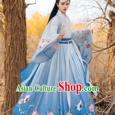 Chinese Ancient Nobility Childe Embroidered Blue Clothing Traditional Jin Dynasty Royal Prince Costumes for Men