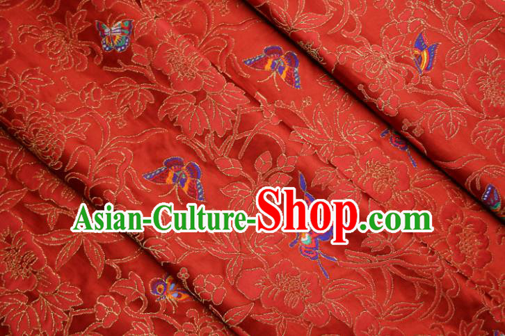 Chinese Classical Chrysanthemum Butterfly Pattern Design Red Brocade Fabric Asian Traditional Silk Material Chinese Classical Chrysanthemum Butterfly Pattern Design Red Brocade Fabric Asian Traditional Silk Material