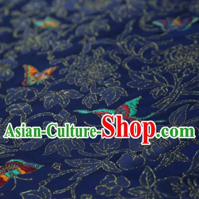 Chinese Classical Chrysanthemum Butterfly Pattern Design Navy Brocade Fabric Asian Traditional Silk Material
