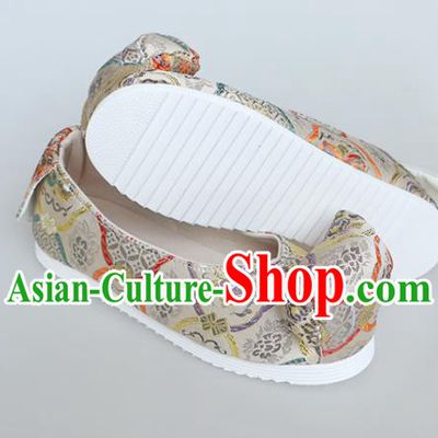 Chinese Traditional Beige Brocade Bow Shoes Opera Shoes Hanfu Shoes Wedding Shoes for Women