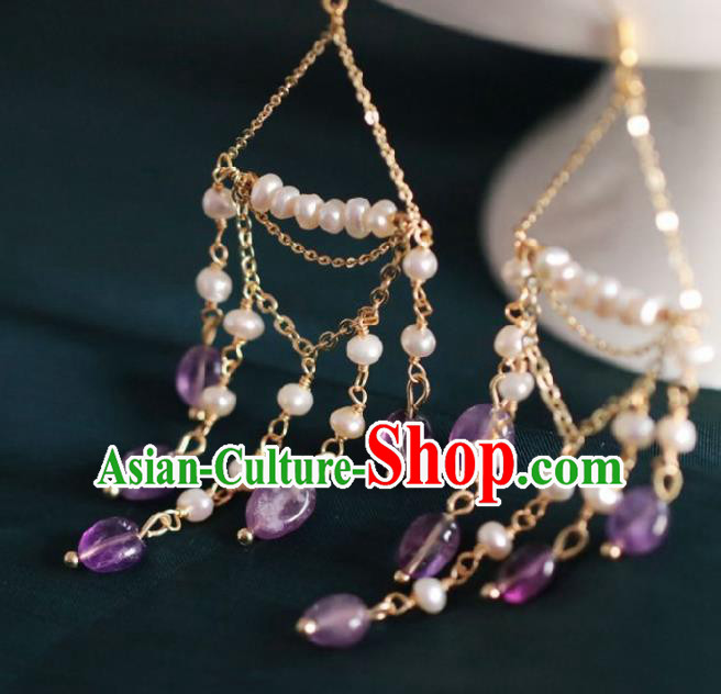 Chinese Traditional Hanfu Pearls Tassel Earrings Handmade Ear Jewelry Accessories for Women Chinese Traditional Hanfu Pearls Tassel Earrings Handmade Ear Jewelry Accessories for Women