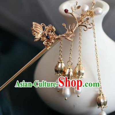 Chinese Handmade Ming Dynasty Princess Golden Butterfly Tassel Hairpins Ancient Hanfu Hair Accessories for Women