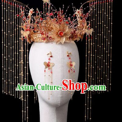 Chinese Traditional Wedding Golden Peony Phoenix Coronet Handmade Bride Hair Accessories for Women