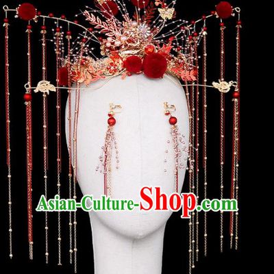 Chinese Traditional Wedding Red Phoenix Coronet Handmade Bride Hair Accessories for Women