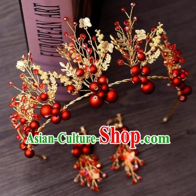 Top Handmade Bride Red Beads Royal Crown Wedding Hair Accessories for Women