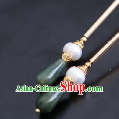 Chinese Handmade Ming Dynasty Queen Green Stone Hairpins Ancient Hanfu Hair Accessories for Women