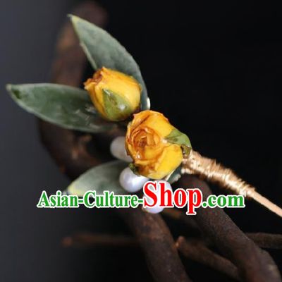 Chinese Handmade Ming Dynasty Princess Yellow Flowers Hairpins Ancient Hanfu Hair Accessories for Women