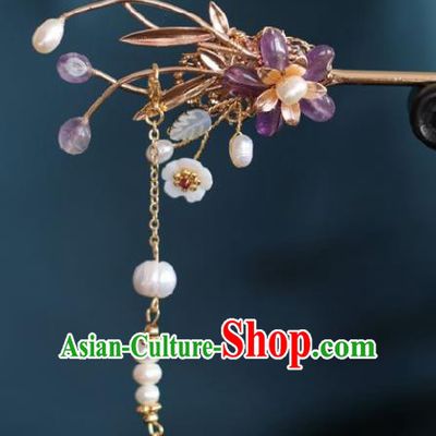 Chinese Handmade Ming Dynasty Princess Purple Flower Tassel Hairpins Ancient Hanfu Hair Accessories for Women