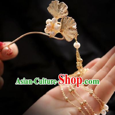 Chinese Handmade Ming Dynasty Queen Golden Ginkgo Leaf Tassel Hairpins Ancient Hanfu Hair Accessories for Women