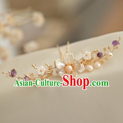 Chinese Handmade Ming Dynasty Princess Shell Flower Pearls Hairpins Ancient Hanfu Hair Accessories for Women