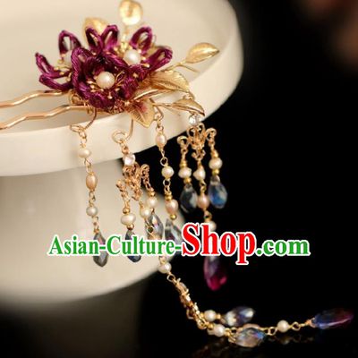 Chinese Handmade Ming Dynasty Princess Purple Flower Tassel Hairpins Ancient Hanfu Hair Accessories for Women