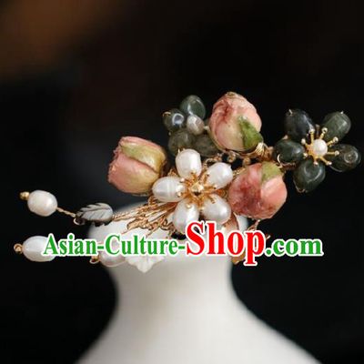 Chinese Handmade Ming Dynasty Princess Pink Flower Pearls Hairpins Ancient Hanfu Hair Accessories for Women