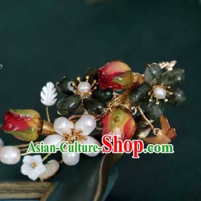 Chinese Handmade Ming Dynasty Princess Red Flower Pearls Hairpins Ancient Hanfu Hair Accessories for Women
