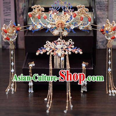 Chinese Traditional Wedding Pearls Phoenix Hair Comb Tassel Hairpins Handmade Bride Hair Accessories for Women