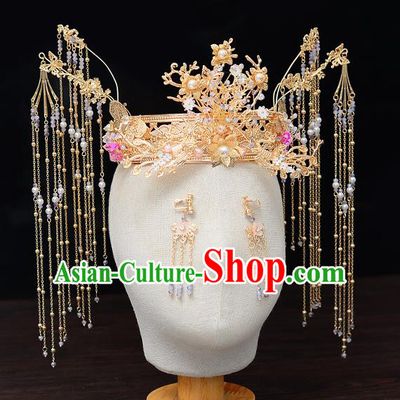 Chinese Traditional Wedding Queen Golden Hair Crown Hairpins Handmade Bride Hair Accessories for Women