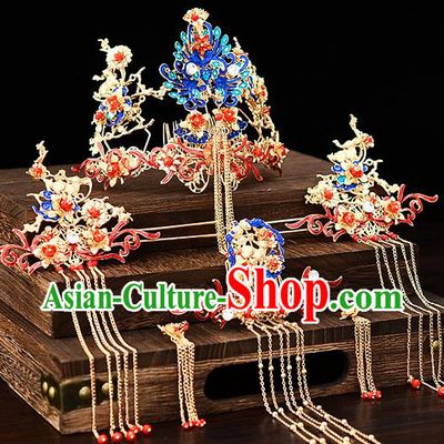 Chinese Traditional Wedding Queen Cloisonne Hair Crown Hairpins Handmade Bride Hair Accessories for Women