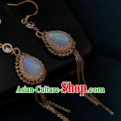 Chinese Traditional Hanfu Moonstone Tassel Earrings Handmade Ear Jewelry Accessories for Women