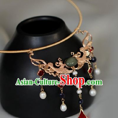 Chinese Traditional Ming Dynasty Golden Phoenix Necklace Handmade Ancient Princess Necklet Accessories for Women