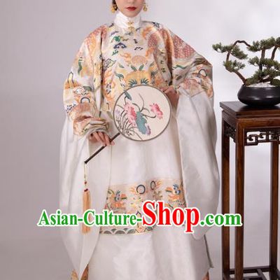 Traditional Chinese Hanfu White Brocade Robe and Skirt Ancient Ming Dynasty Imperial Empress Historical Costumes for Women