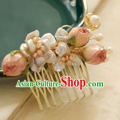 Chinese Handmade Ming Dynasty Princess Pink Flowers Hair Comb Hairpins Ancient Hanfu Hair Accessories for Women