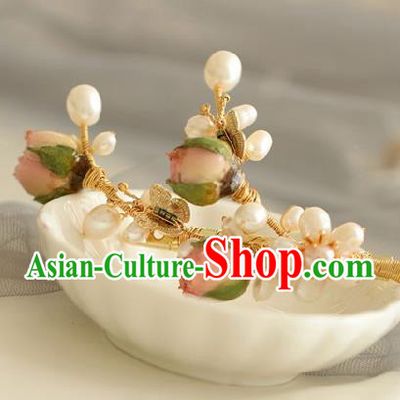 Chinese Handmade Ming Dynasty Princess Pink Flowers Pearls Hair Claw Hairpins Ancient Hanfu Hair Accessories for Women