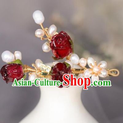 Chinese Handmade Ming Dynasty Princess Red Flowers Pearls Hair Claw Hairpins Ancient Hanfu Hair Accessories for Women