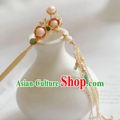 Chinese Handmade Tang Dynasty Princess Pink Pearls Tassel Hairpins Ancient Hanfu Hair Accessories for Women