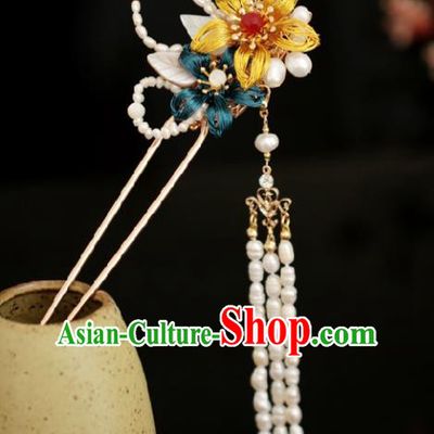 Chinese Handmade Tang Dynasty Princess White Pearls Tassel Hairpins Ancient Hanfu Hair Accessories for Women