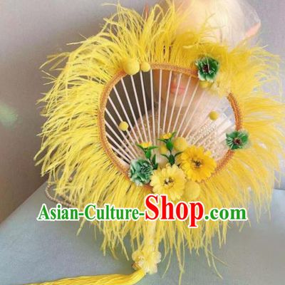 Chinese Traditional Yellow Palace Fans Handmade Ancient Princess Feather Round Fan for Women