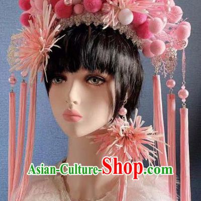 Chinese Handmade Classical Pink Chrysanthemum Phoenix Coronet Hat Ancient Empress Hanfu Hair Accessories for Women