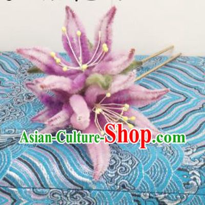 Chinese Traditional Hanfu Qing Dynasty Court Lilac Velvet Flower Hairpins Handmade Ancient Royal Princess Hair Accessories for Women