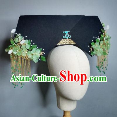 Chinese Handmade Qing Dynasty Manchu Imperial Consort Green Flower Hairpins Hat Ancient Empress Hair Accessories for Women
