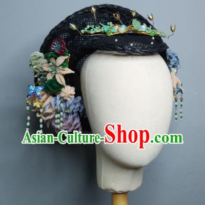 Chinese Handmade Qing Dynasty Manchu Velvet Chrysanthemum Hairpins Hat Ancient Imperial Consort Hair Accessories for Women