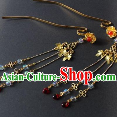 Chinese Handmade Ming Dynasty Princess Golden Leaf Tassel Hairpins Ancient Hanfu Hair Accessories for Women