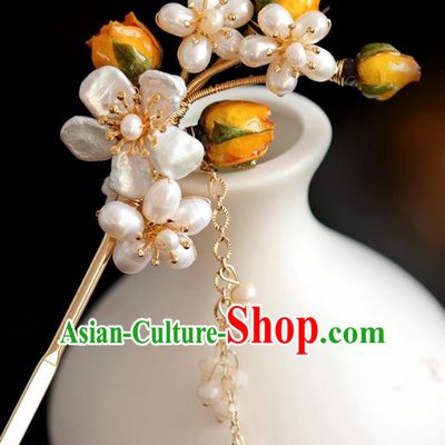 Chinese Handmade Ming Dynasty Princess Orange Flower Pearls Hairpins Ancient Hanfu Hair Accessories for Women